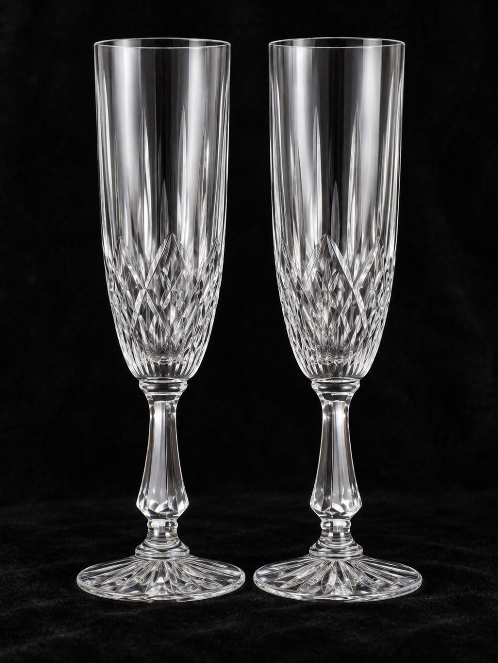 Pair Vintage Cut Crystal Champagne Flutes 8" Starburst Foot Diamond Cut Stemware
